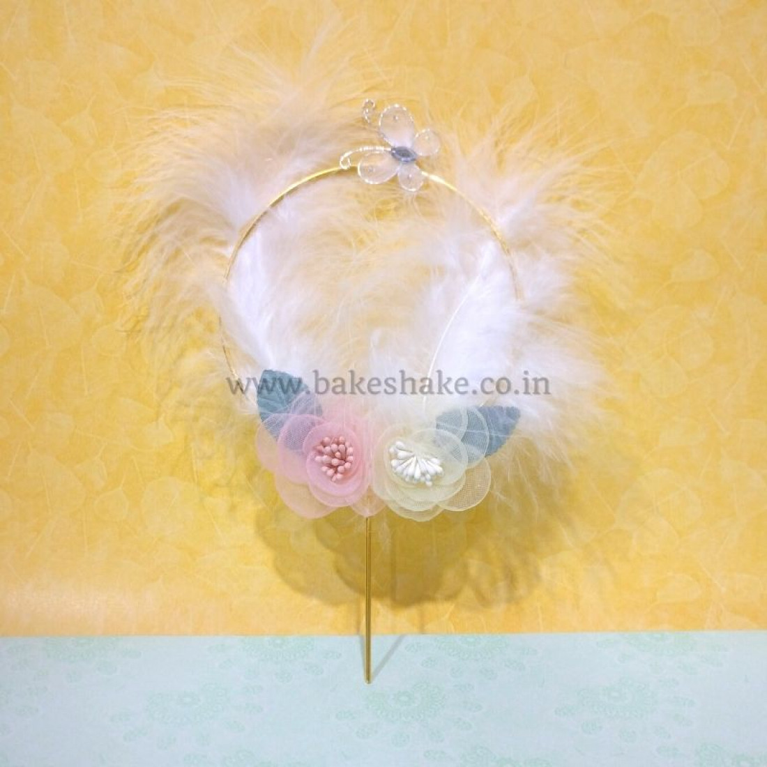 Feather And Floral Gold Ring Cake Topper